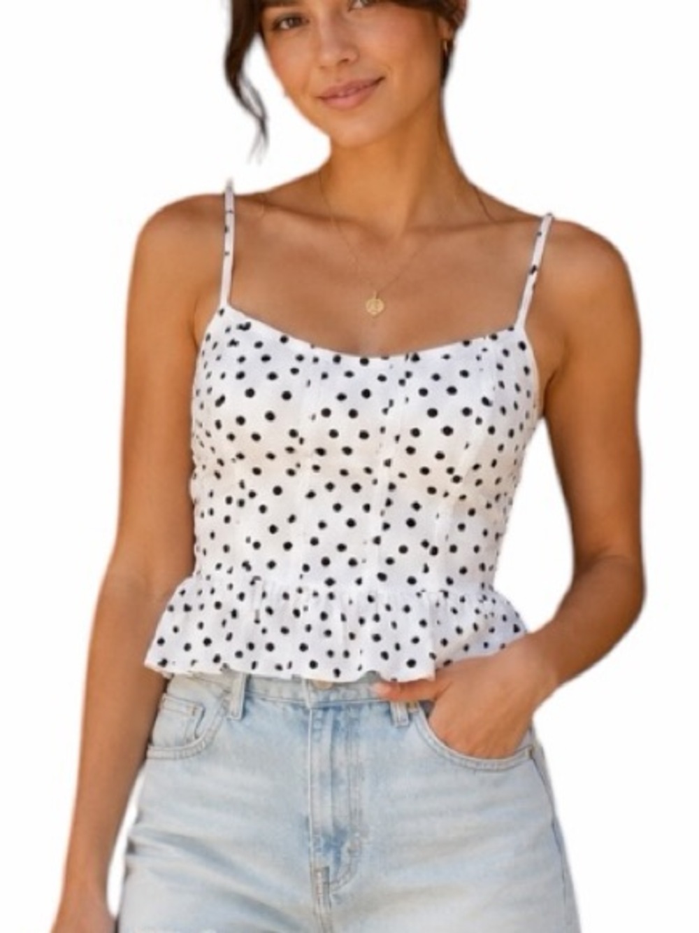 White & Black Small Polka Dot Peplum Corset Pinup Spaghetti Strap Cropped Shirt